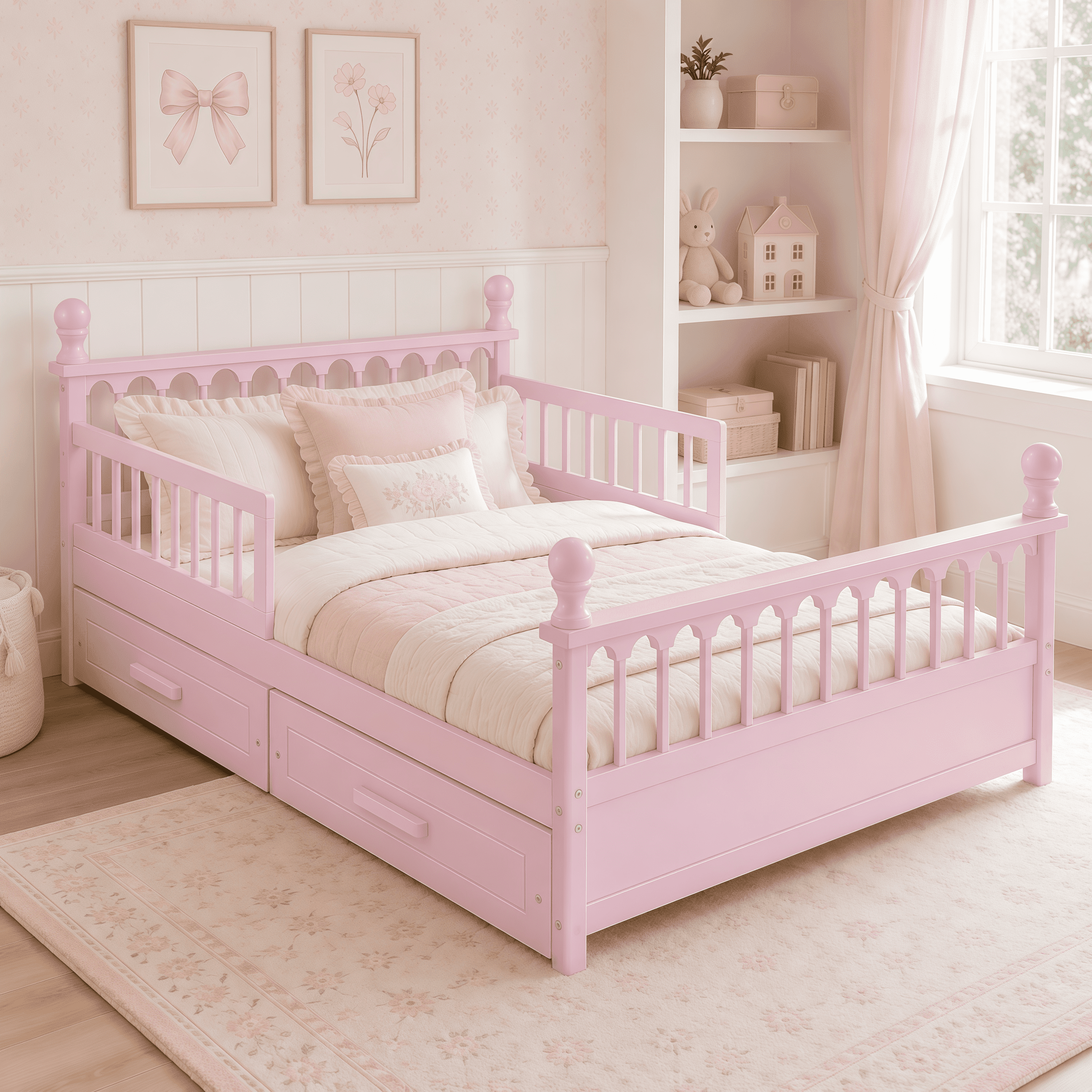 Euroco Wood Full Size Platform Bed with Drawers, Low Profile Kids Bed with Safety Guardrails, No Box Spring Needed, Pink