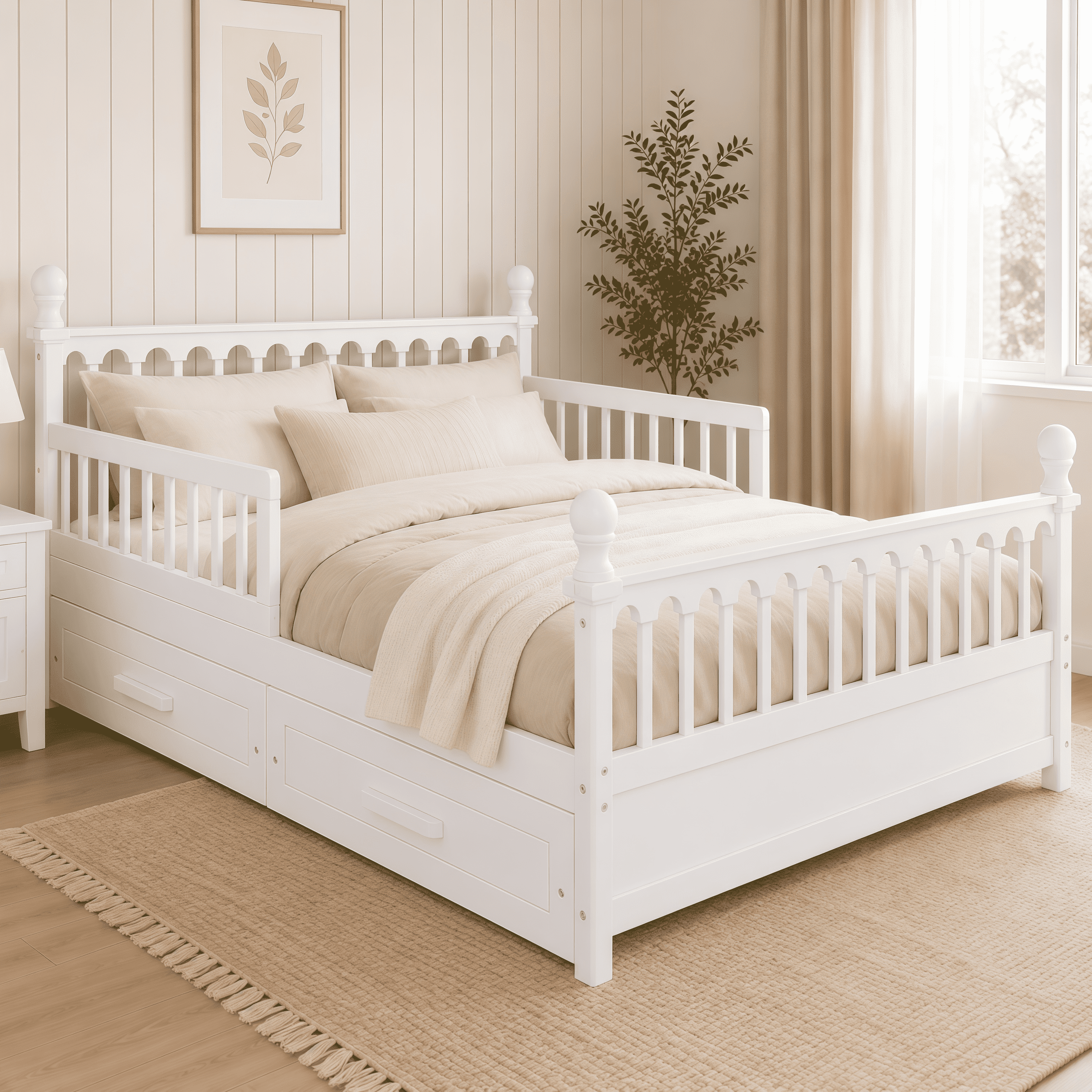Euroco Wood Full Size Platform Bed with Drawers, Low Profile Kids Bed with Safety Guardrails, No Box Spring Needed, White