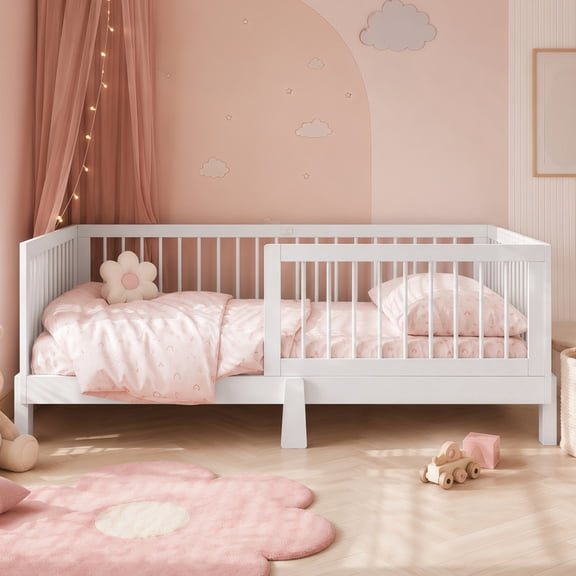 Euroco Wood Full Size Platform Bed with Guardrails, 3-in-1 Convertible Montessori Daybed to Platform, White