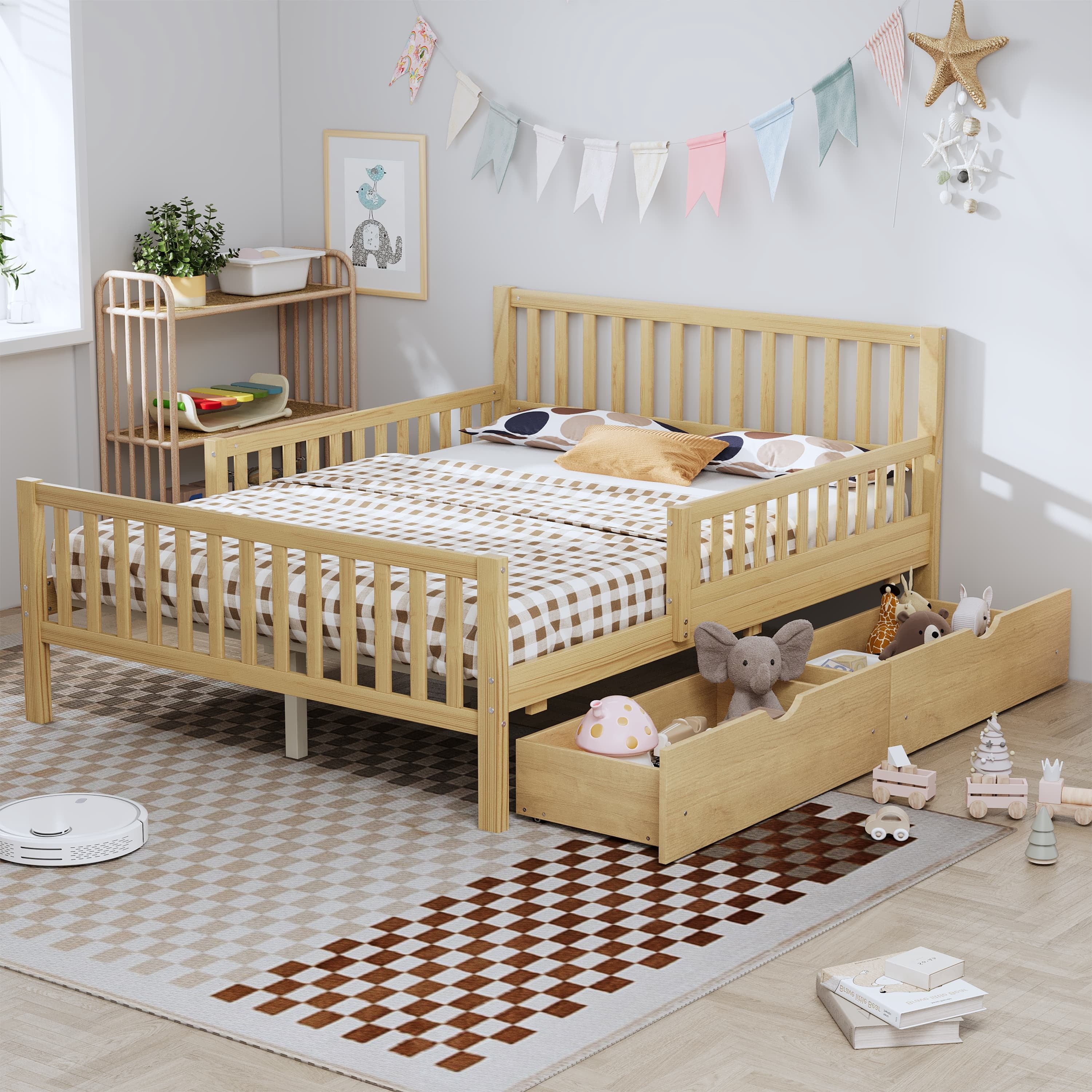 Euroco Wood Full Size Platform Bed with Guardrails and Drawers for Kids Teens Toddlers, Natural