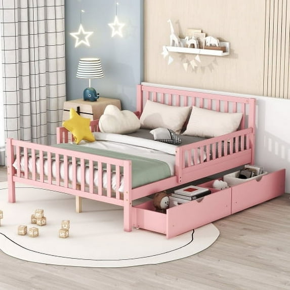 Euroco Wood Full Size Platform Bed with Guardrails and Drawers for Kids Teens Toddlers, Pink
