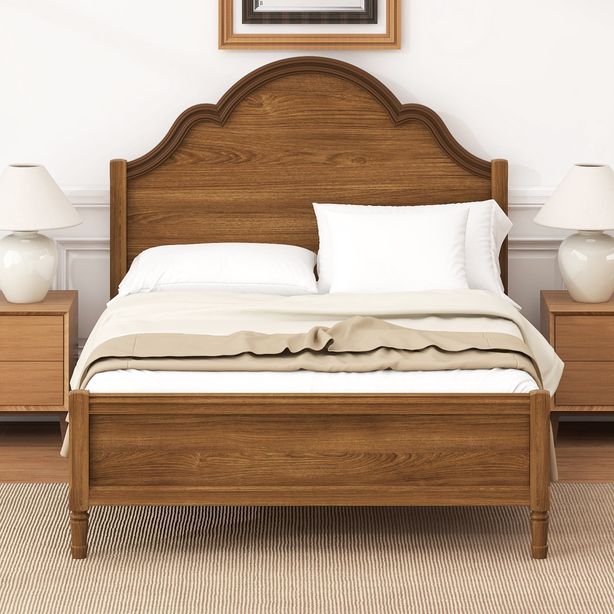 Euroco Wood Full Size Platform Bed with Headboard, No Spring Box Needed, Walnut