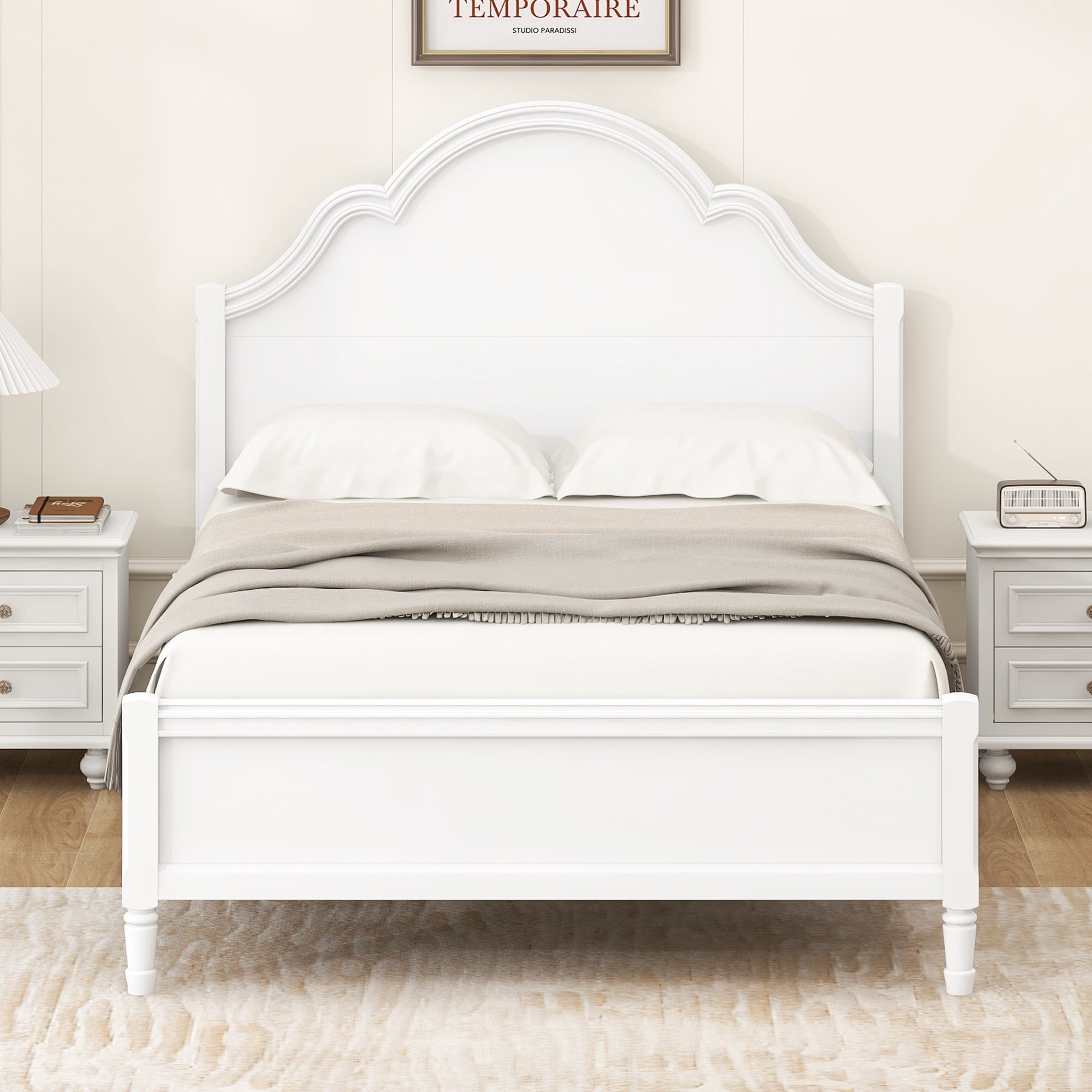 Euroco Wood Full Size Platform Bed with Headboard, No Spring Box Needed, White