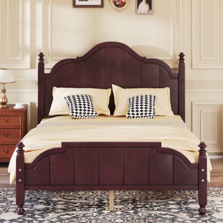 Euroco Wood Full Size Platform Bed with Headboard, Vintage Bed Frame for Bedroom, Espresso