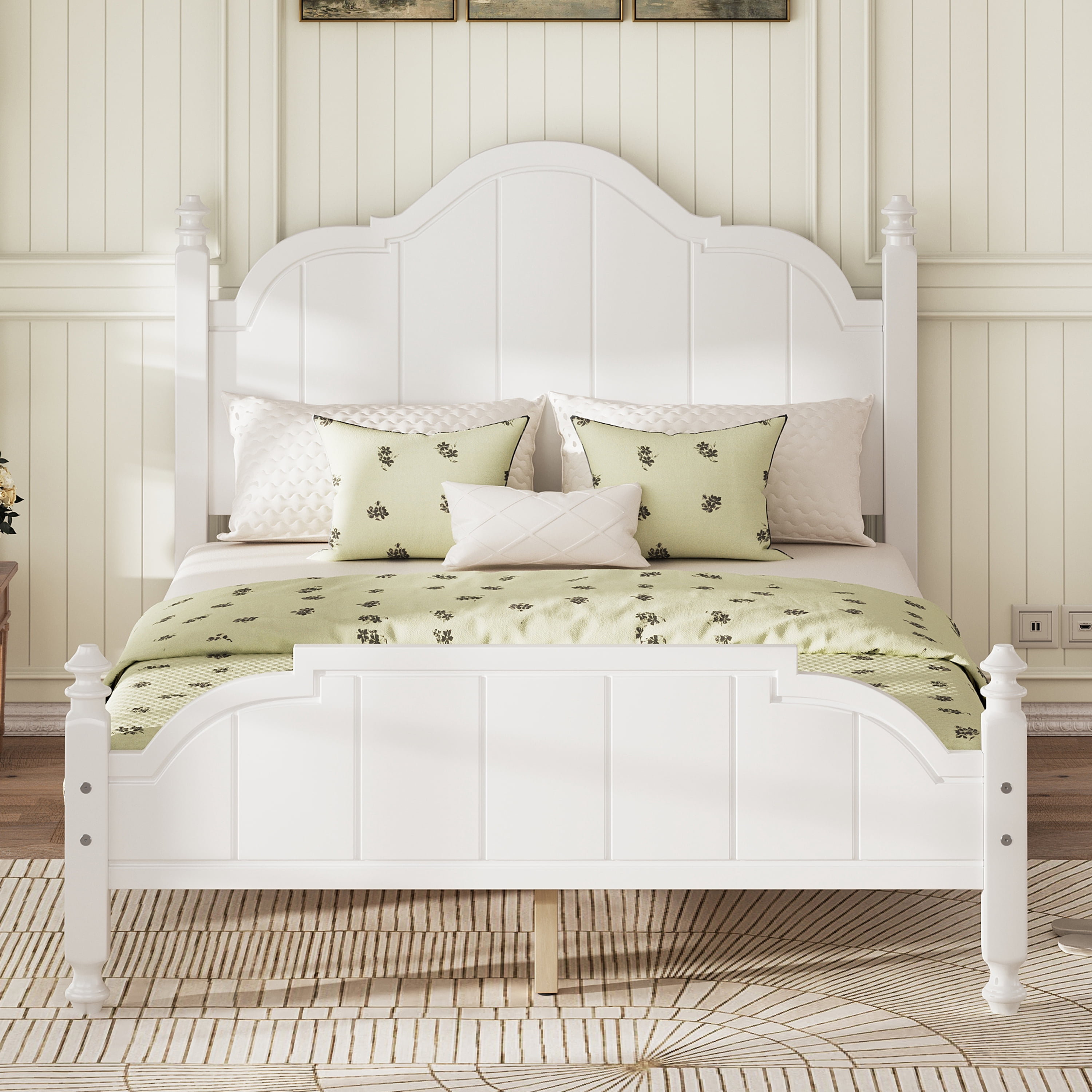 Euroco Wood Full Size Platform Bed with Headboard, Vintage Bed Frame for Bedroom, White