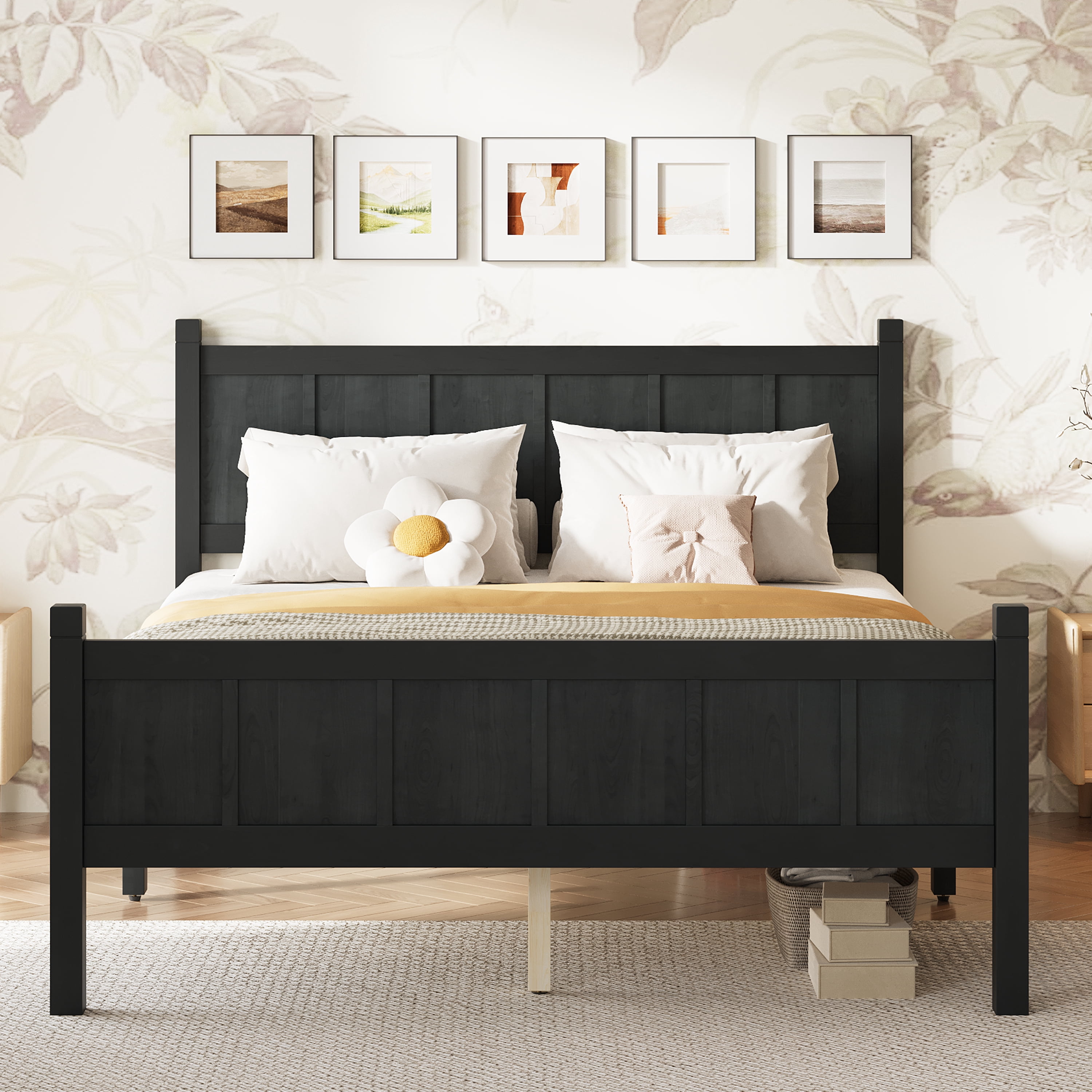 Euroco Wood Full Size Platform Bed with Headboard and Footboard, Black