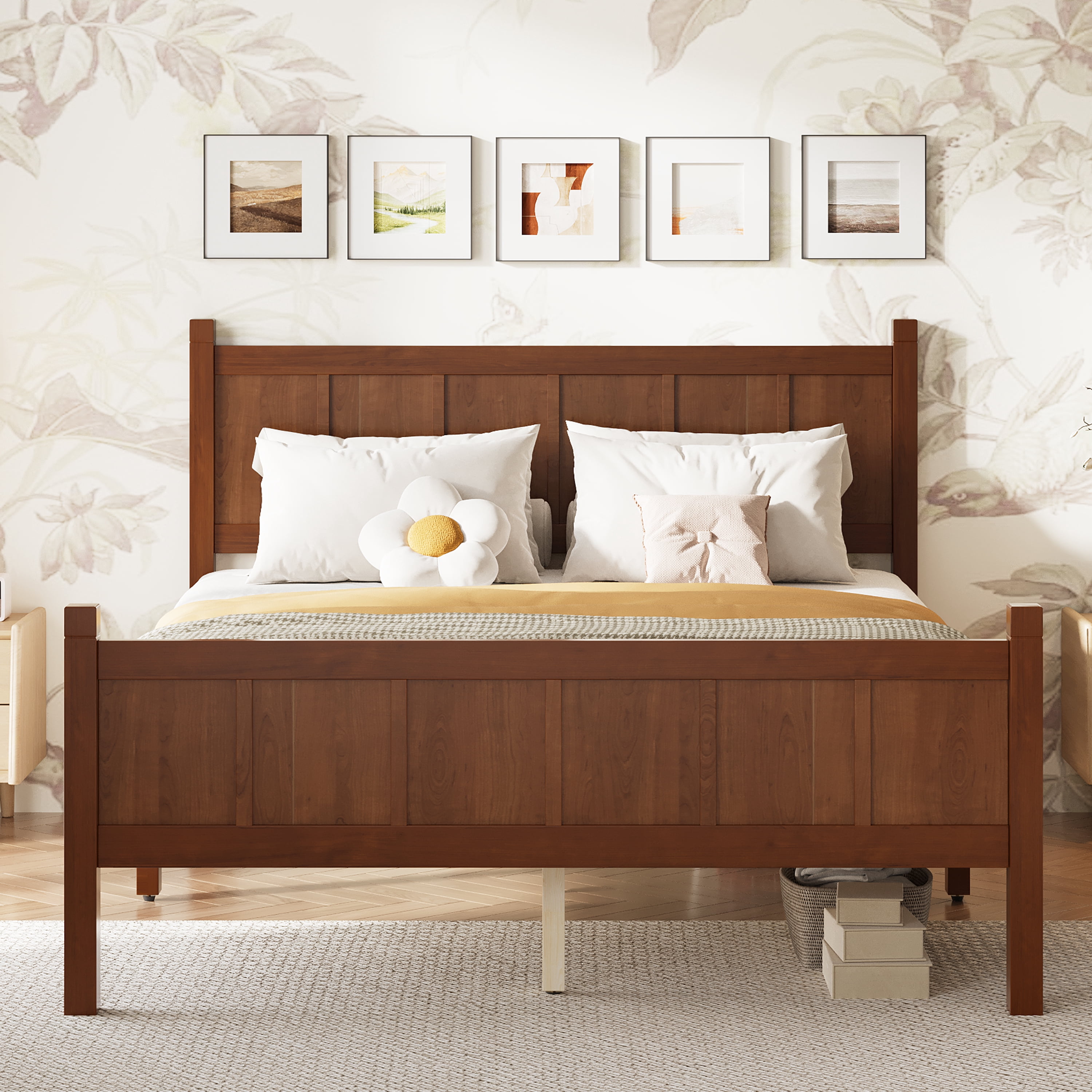 Euroco Wood Full Size Platform Bed with Headboard and Footboard, Dark Walnut