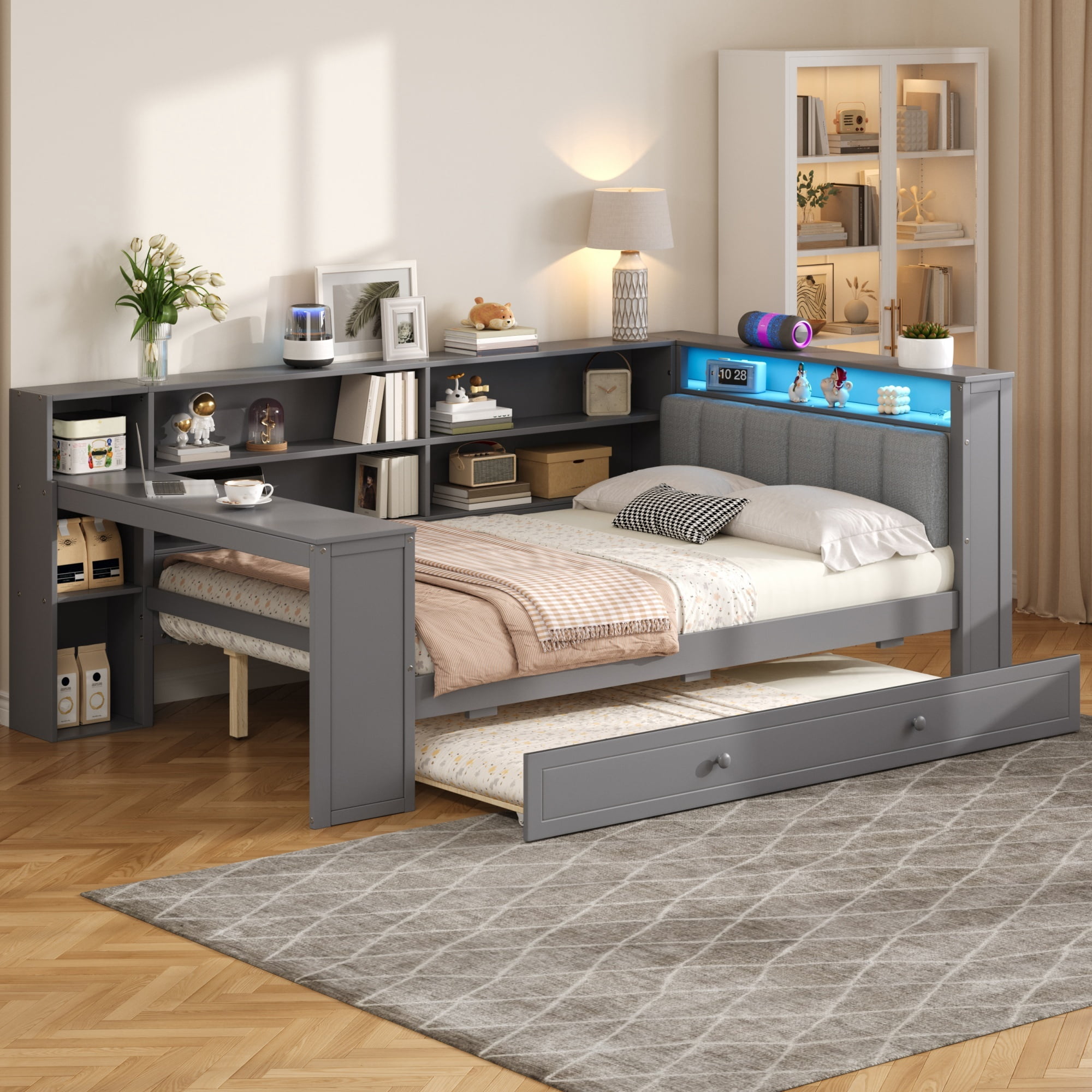 Foldable Rest Platform Euroco Wood Full Size Platform Bed with Desk and Trundle, Storage Bed ...