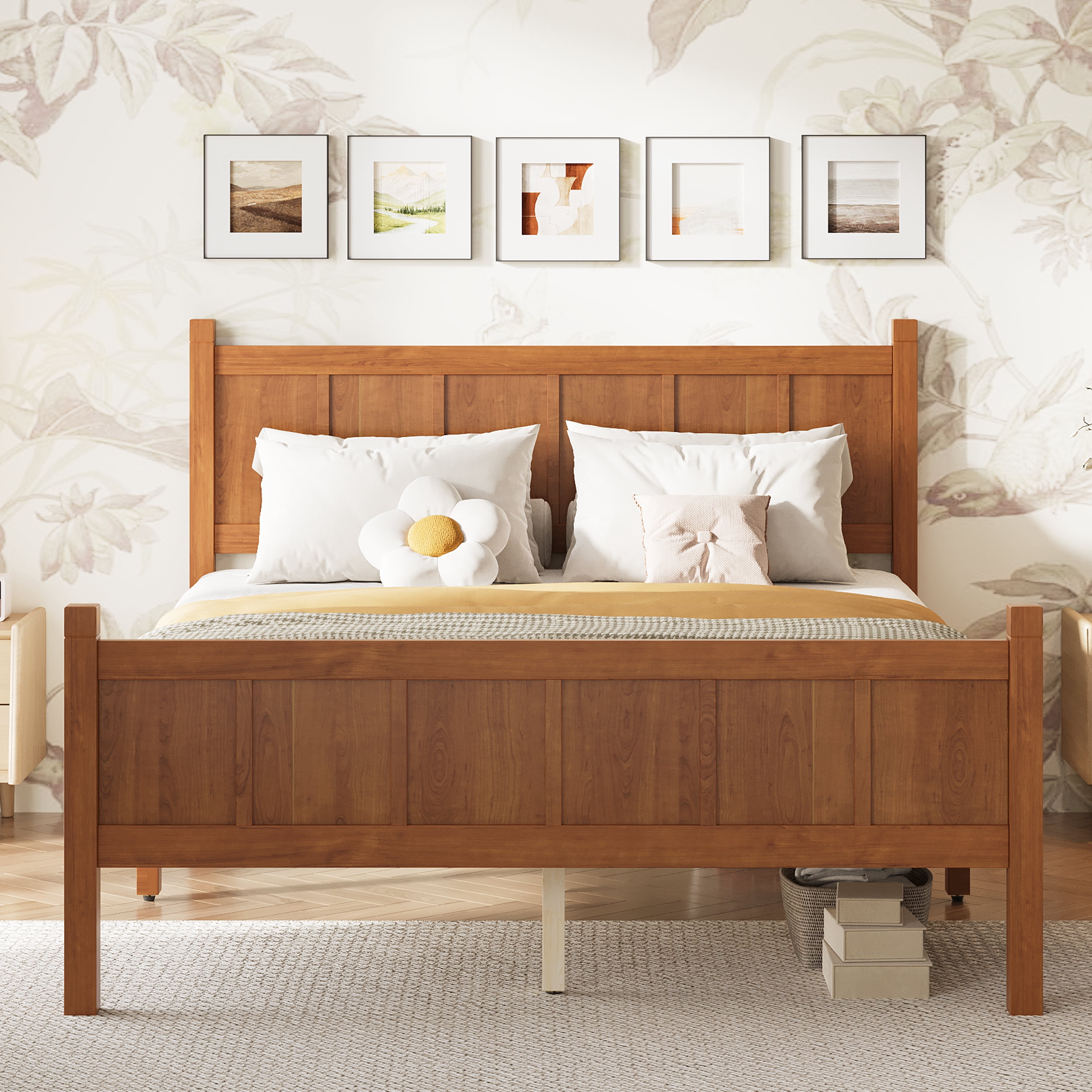 Euroco Wood Full Size Platform Bed with Headboard and Footboard, Light Walnut