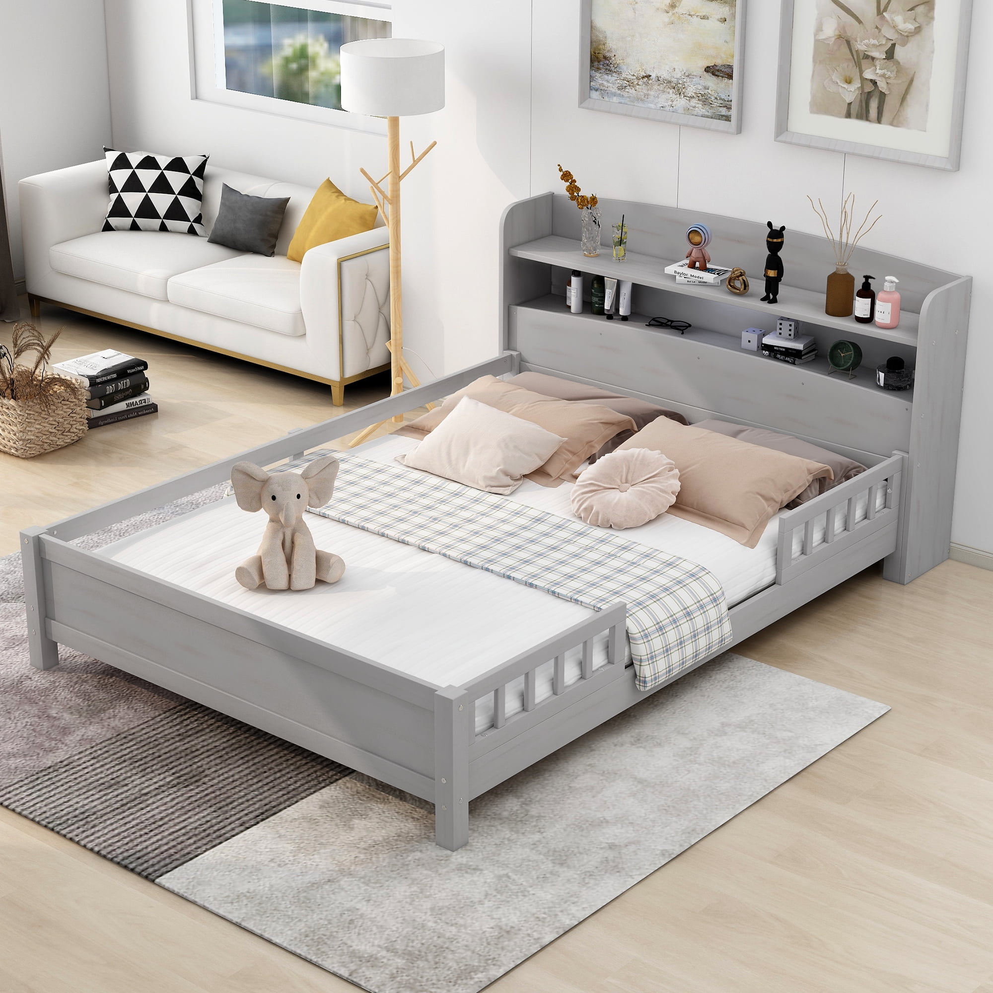 Euroco Wood Full Size Platform Bed with LED Light and Storage Headboard, Antique Grey