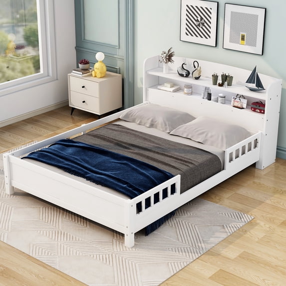 Euroco Wood Full Size Platform Bed with LED Light and Storage Headboard, White