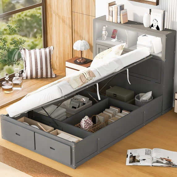 Euroco Wood Full Size Platform Bed with Lift up Storage and LED Headboard, 2 Drawers and USB Charging, Gray