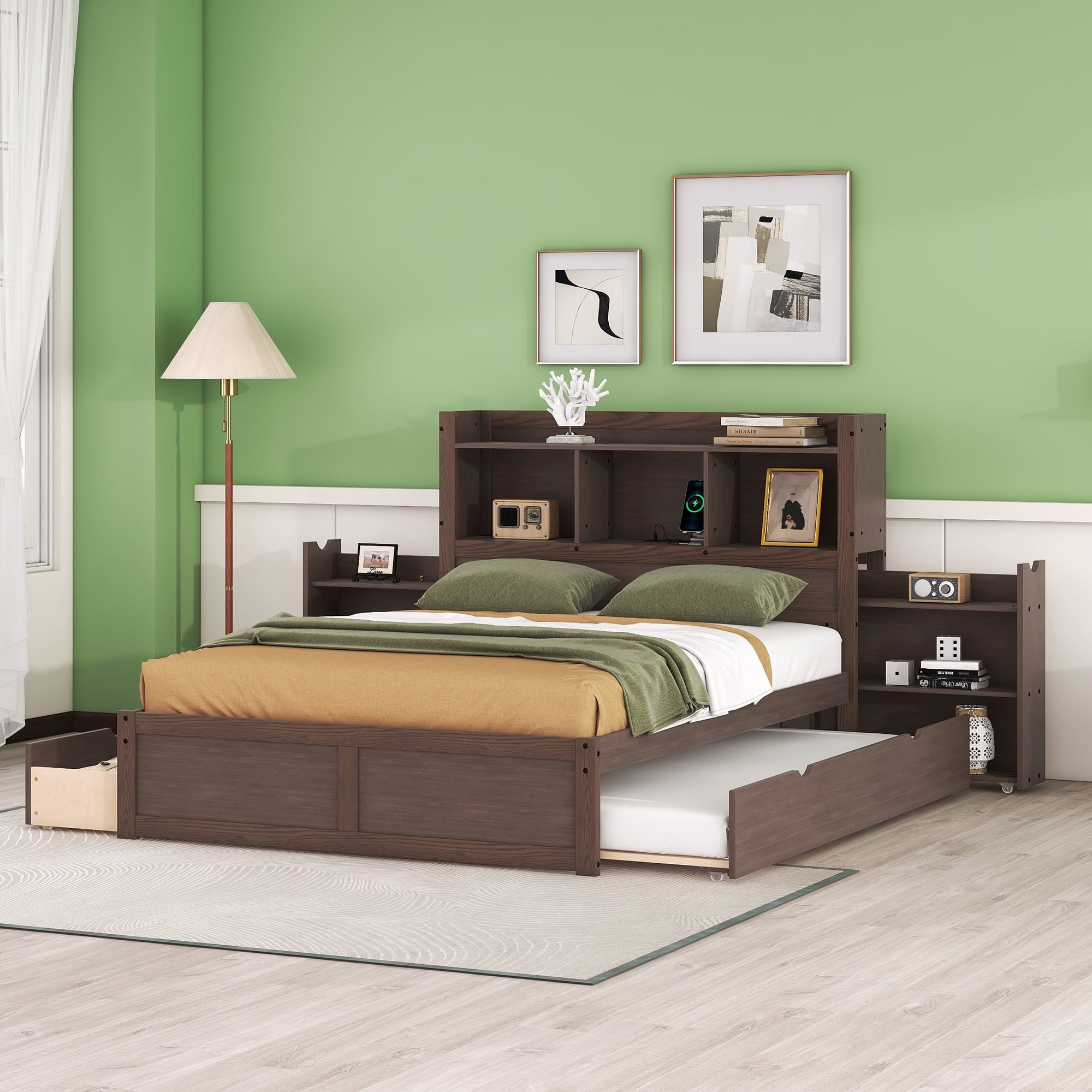 Euroco Wood Full Size Platform Bed with Movable Shelves, Trundle Bed with USB Charging Station for Kids Teens, Espresso