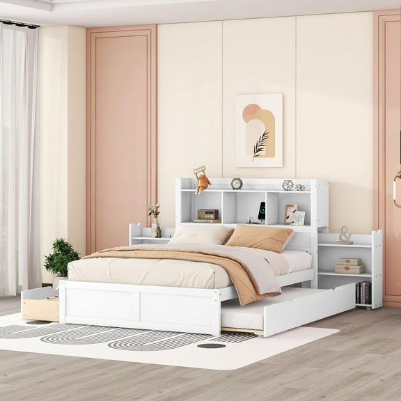 Euroco Wood Full Size Platform Bed with Movable Shelves and Drawers,Trundle with USB Charging Station