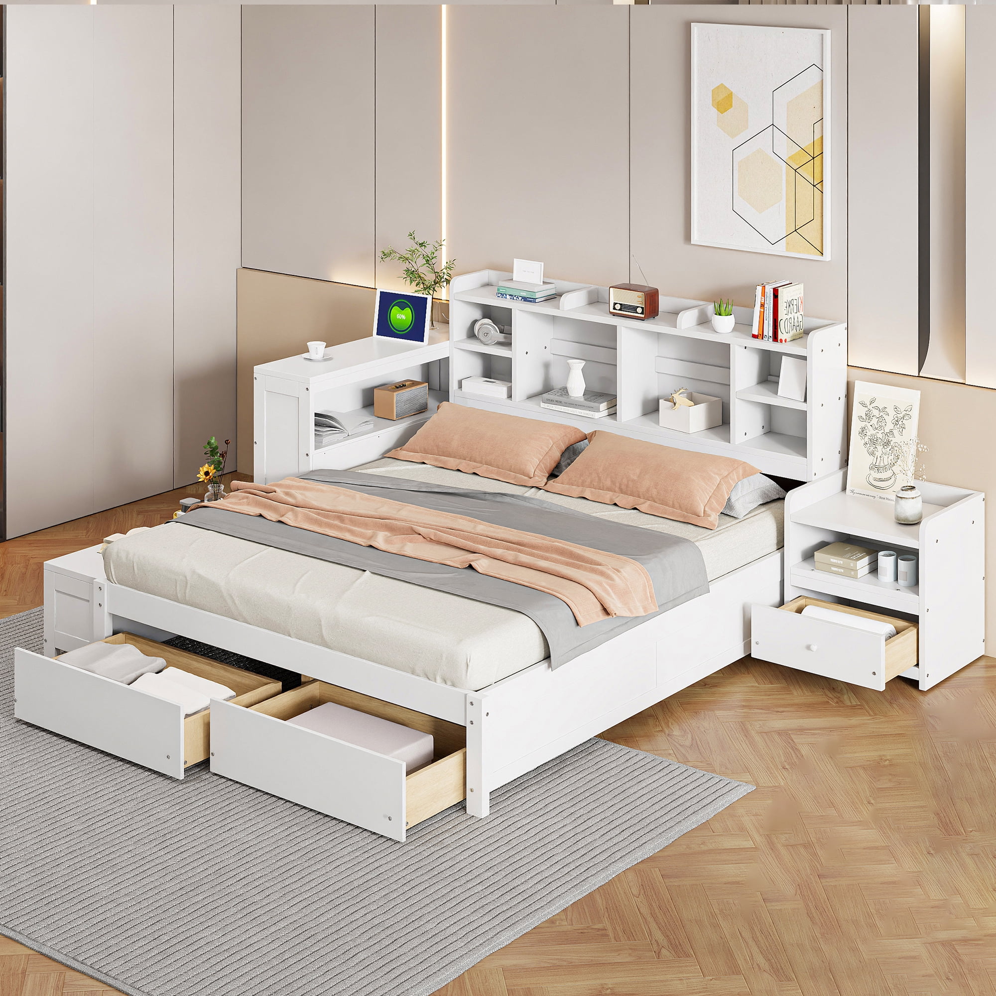 Euroco Wood Full Size Platform Bed with Nightstand and Drawers, Desk and Cabinets, USB Ports, White
