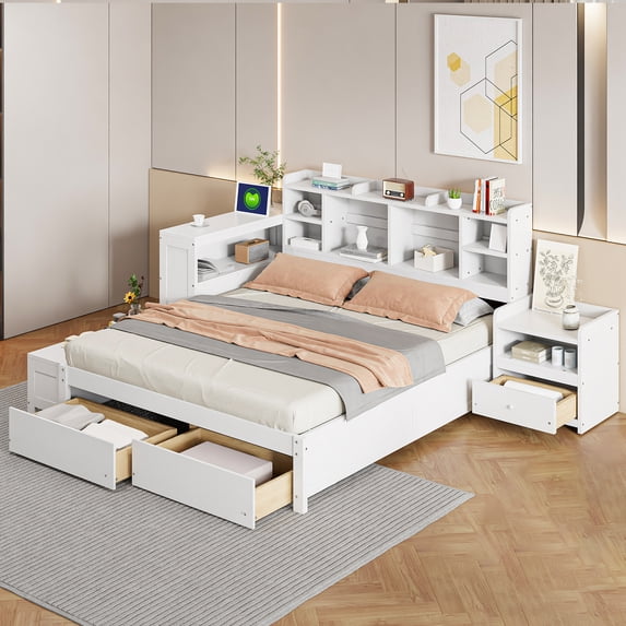 Euroco Wood Full Size Platform Bed with Nightstand and Drawers, Desk and Cabinets, USB Ports, White