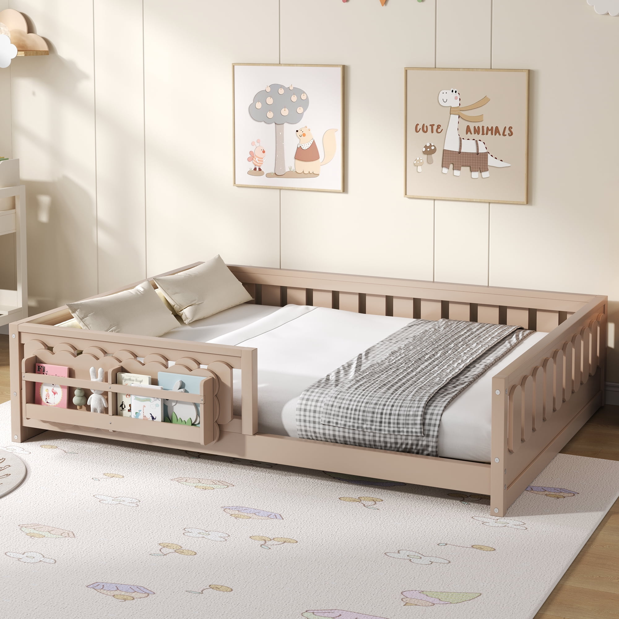 Euroco Wood Full Size Platform Bed with Shelves, Floor Bed with Guardrails, Natural