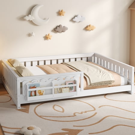 Euroco Wood Full Size Platform Bed with Shelves, Floor Bed with Guardrails, White
