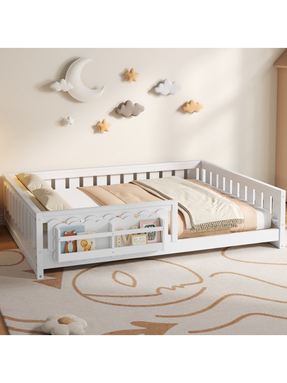 Wood Full Size Platform Bed with Shelves, Floor Bed with Guardrails, White