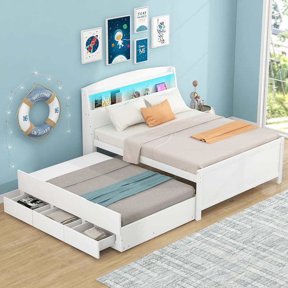 Euroco Wood Full Size Platform Bed with Storage Headboard, Drawers Trundle and LED Light for Kids Teens, White
