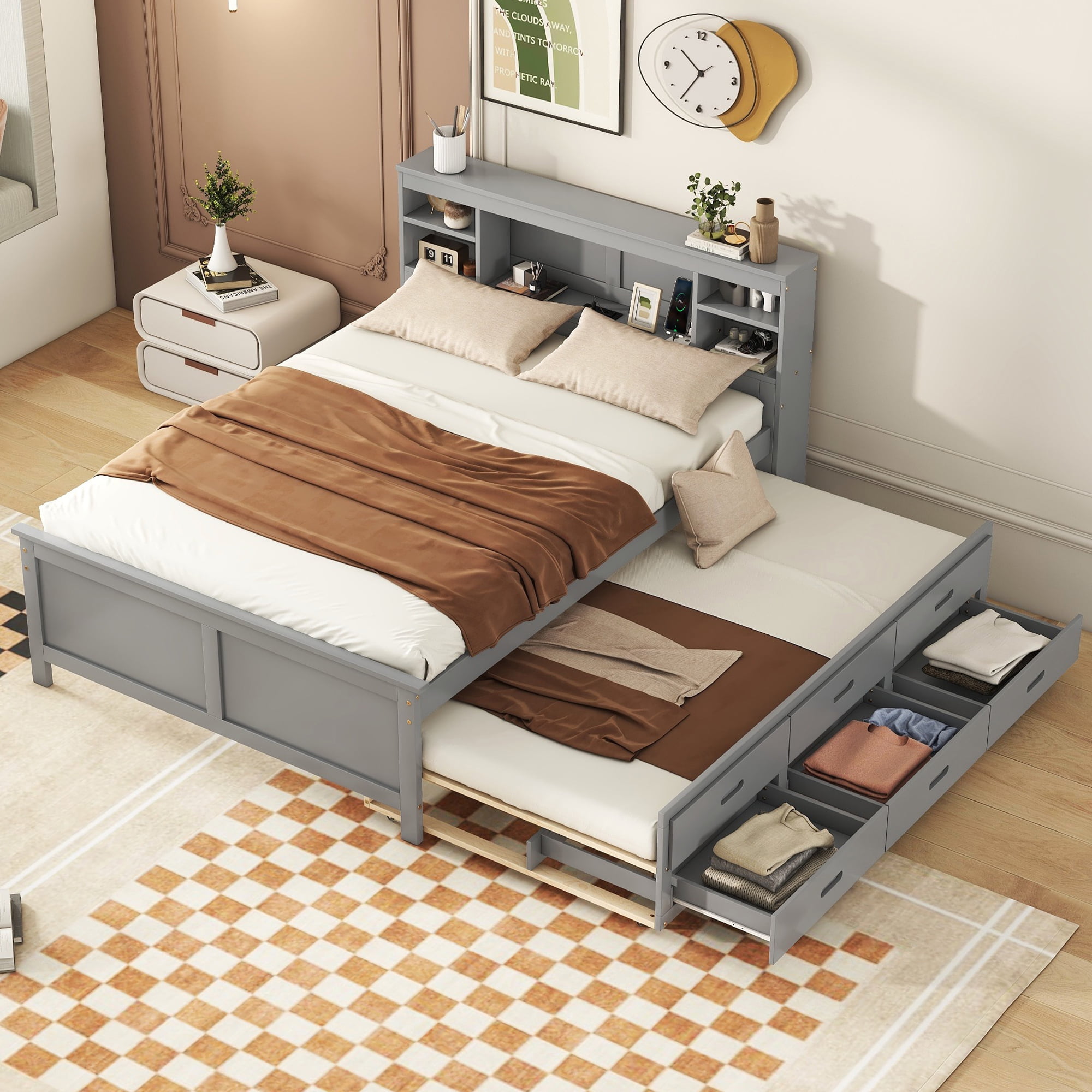 Euroco Wood Full Size Platform Bed with Storage Headboard, Trundle
