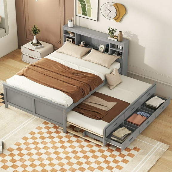 Euroco Wood Full Size Platform Bed with Storage Headboard, Trundle Bed and 3 Drawers, USB Charging and Shleves for Kids Teens, Gray
