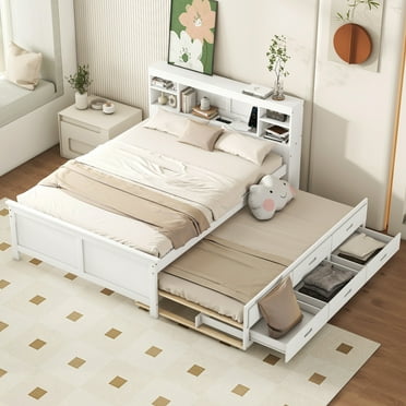 Euroco Modern Wood Full Size Platform Bed with Trundle and Drawers, USB Charging and Shelves, White