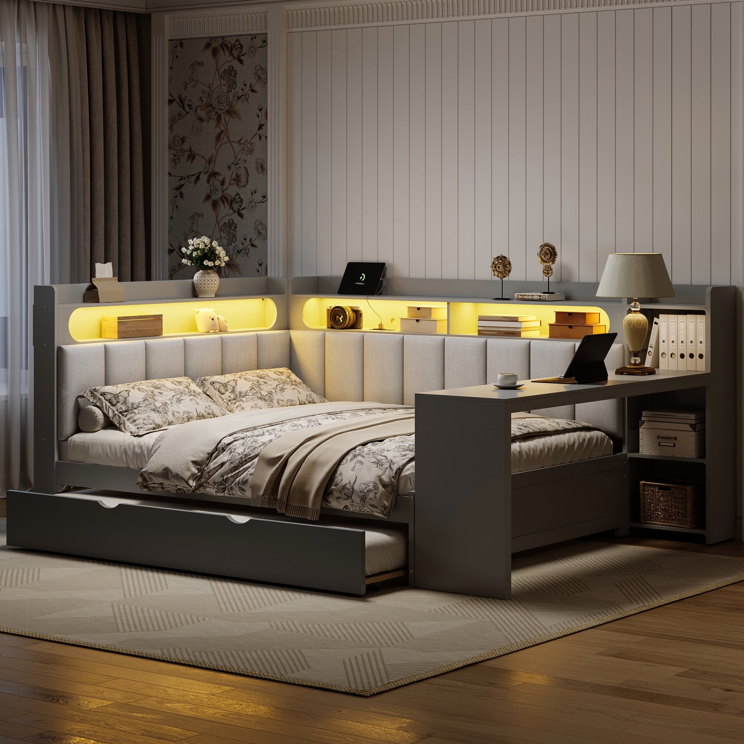 Euroco Wood Full Size Platform Bed with Upholstery Storage Headboard and Trundle, Daybed with Desk, USB Ports and LED Light, Gray