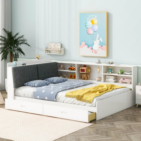 Euroco Wood Full Size Platform Bed with Storage Headboard and Drawers, Movable Shelves, White