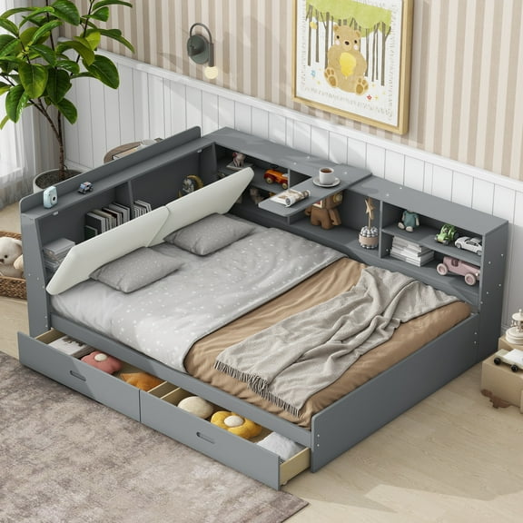 Euroco Wood Full Size Platform Bed with Storage Headboard and Drawers, Movable Shelves for Kids Teens, Gray