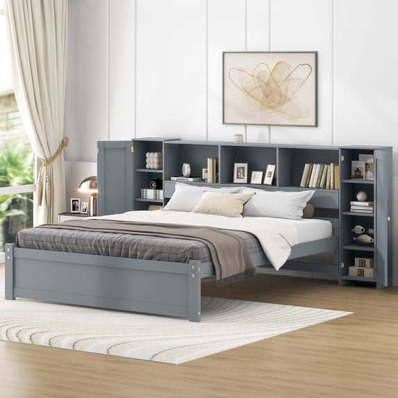 Euroco Wood Full Size Platform Bed with Storage Headboard and Shelves for Kids Teens Living Room, Gray