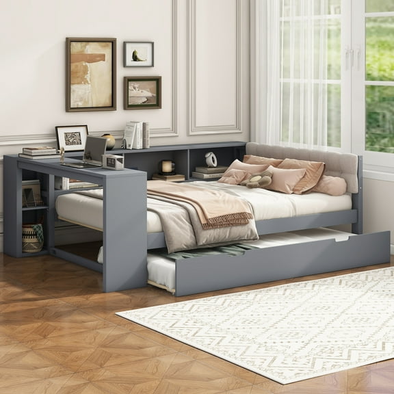 Euroco Wood Full Size Platform Bed with Trundle, Sofa Bed with Desk and Shelves, Upholstered Headboard and USB Charging, Gray