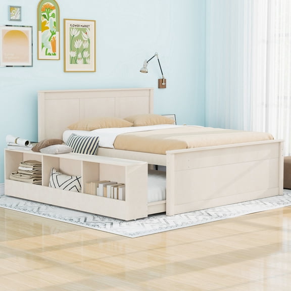 Euroco Wood Full Size Platform Bed with Trundle and Storage Cabinets, Cream White