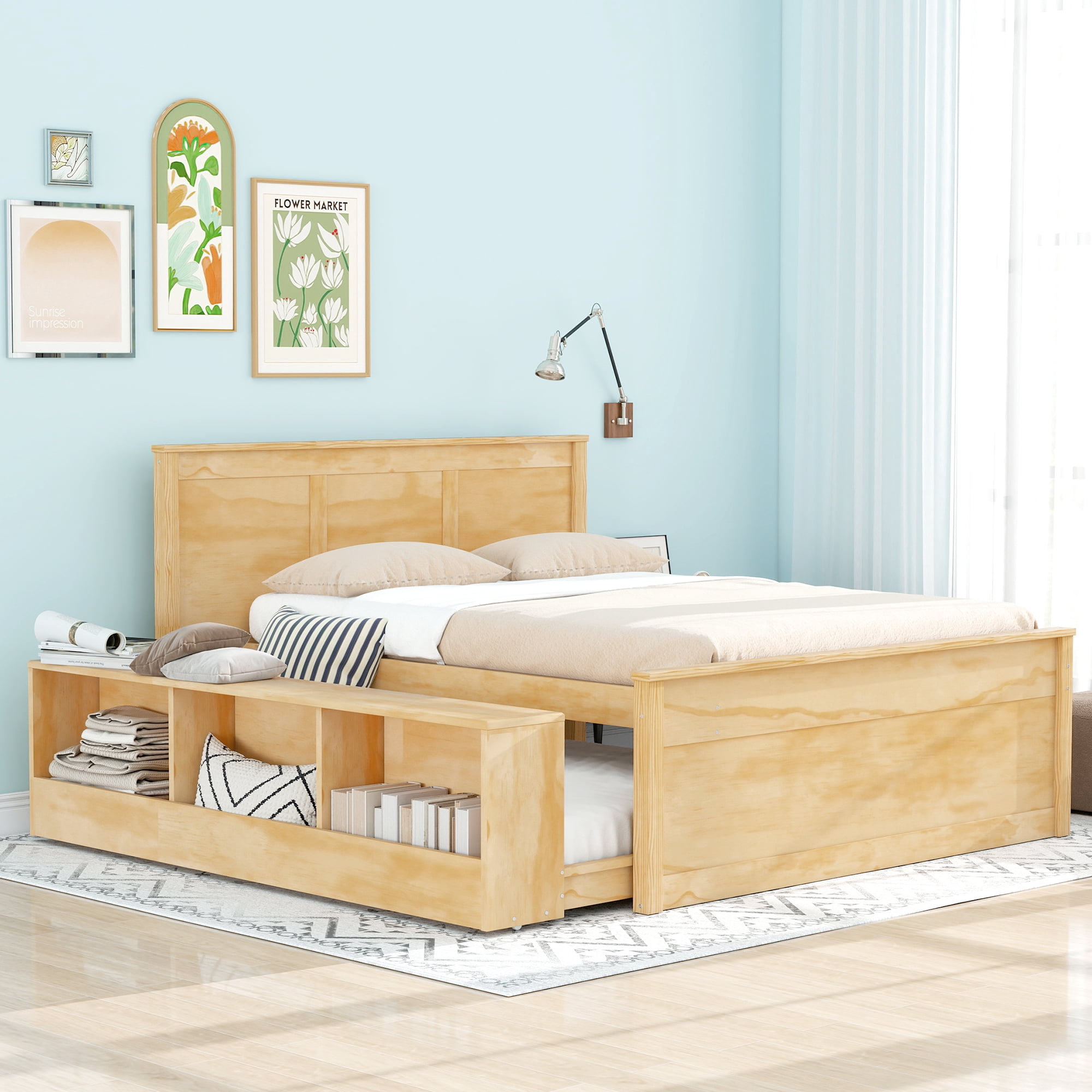 Euroco Wood Full Size Platform Bed with Trundle and Storage Cabinets, Natural