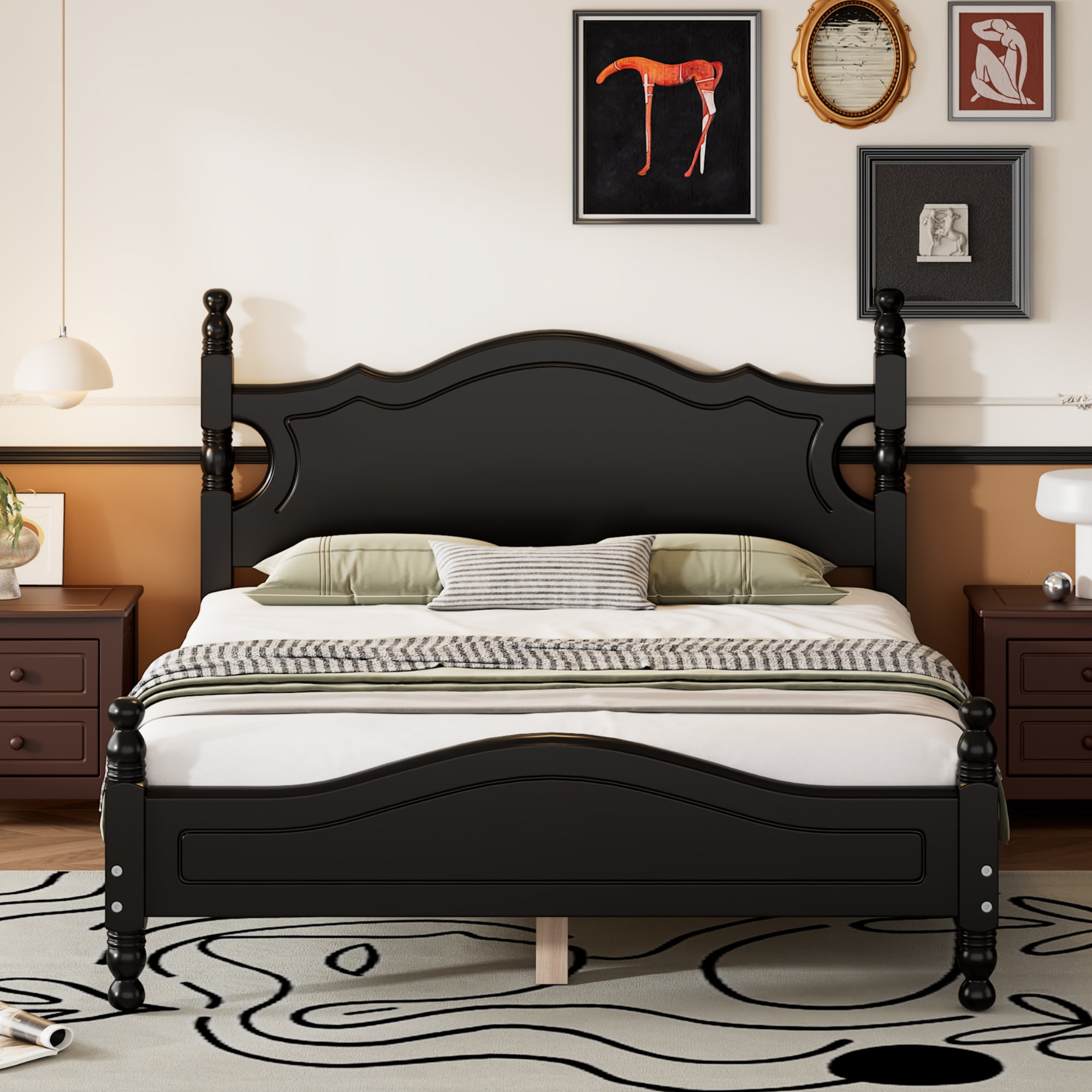 Euroco Wood Full Size Retro Style Platform Bed, Black