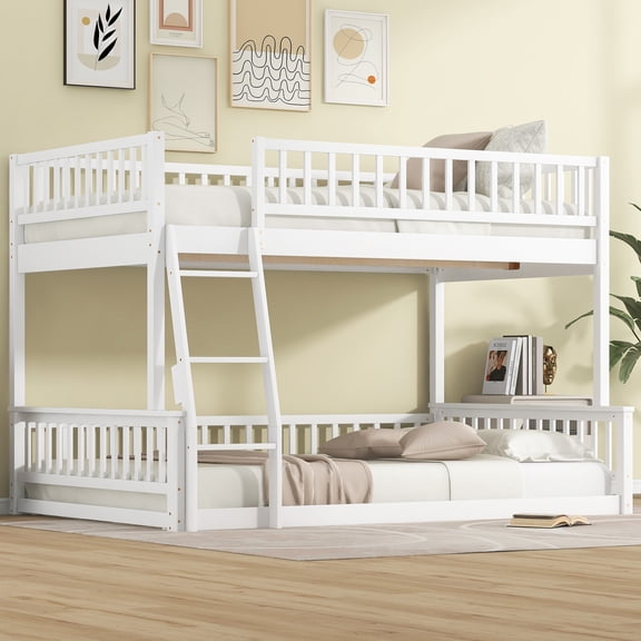 Euroco Wood Full XL over Queen Size Bunk Bed with Ladder, Convertible Floor Bed, White