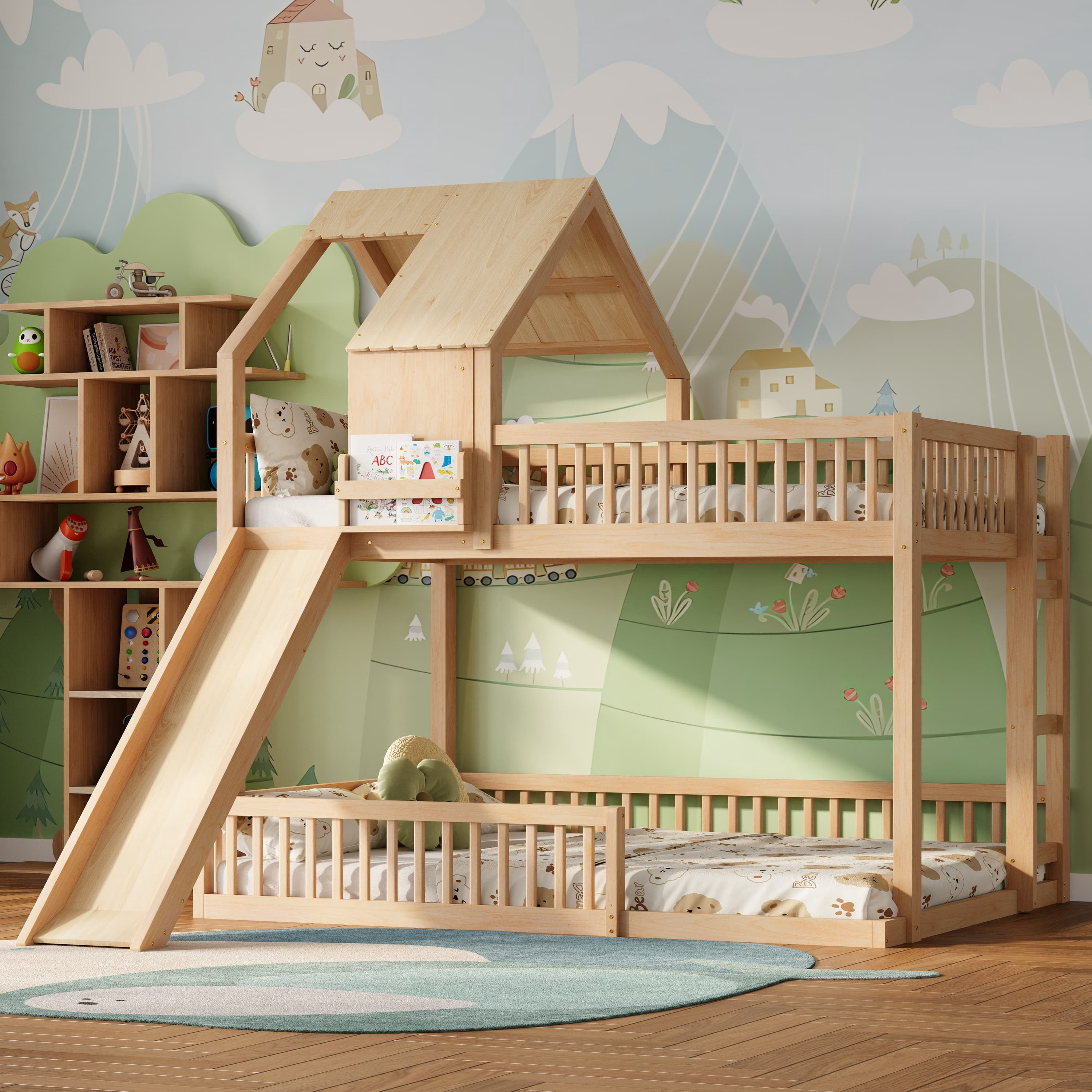 Euroco Wood Full XL over Queen Size Bunk Bed with Slide, Natural