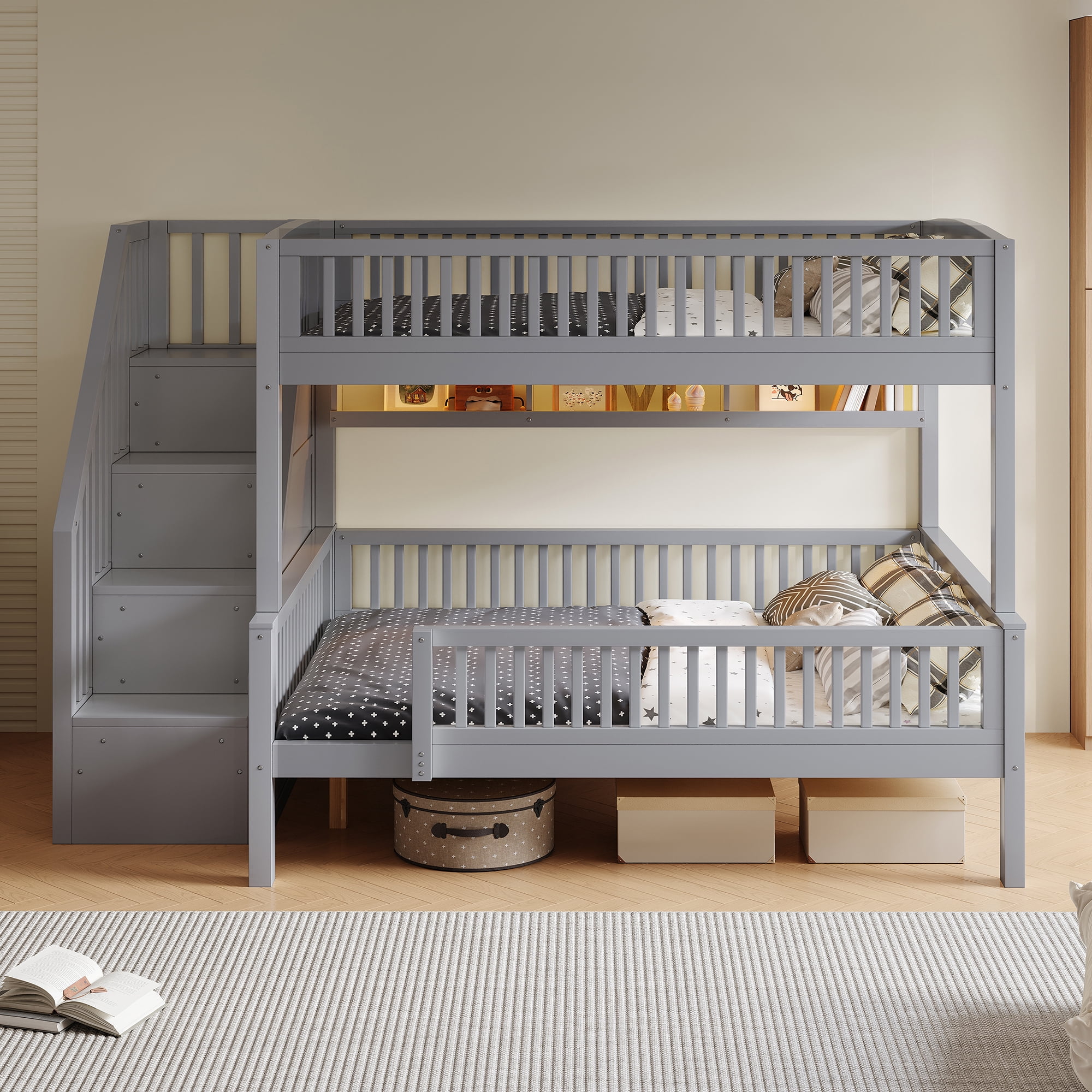 Euroco Wood Full XL over Queen Size Bunk Bed with Storage Staircase, LED Light Shelves and Guardrails, Grey