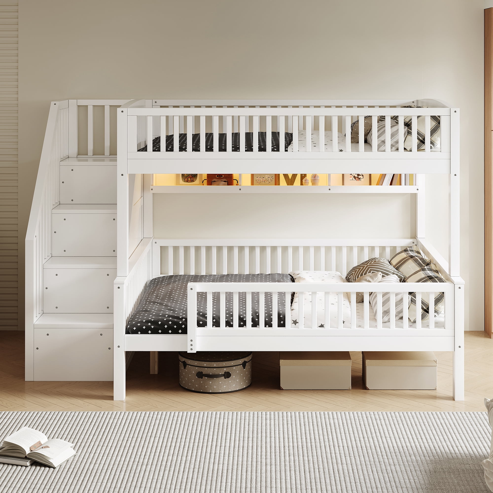 Euroco Wood Full XL over Queen Size Bunk Bed with Storage Staircase, LED Light Shelves and Guardrails, White