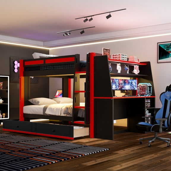 Euroco Wood Full over Full Bunk Bed with Desk and Shelves, Gaming Bed with Drawers and LED Lights, Red & Black