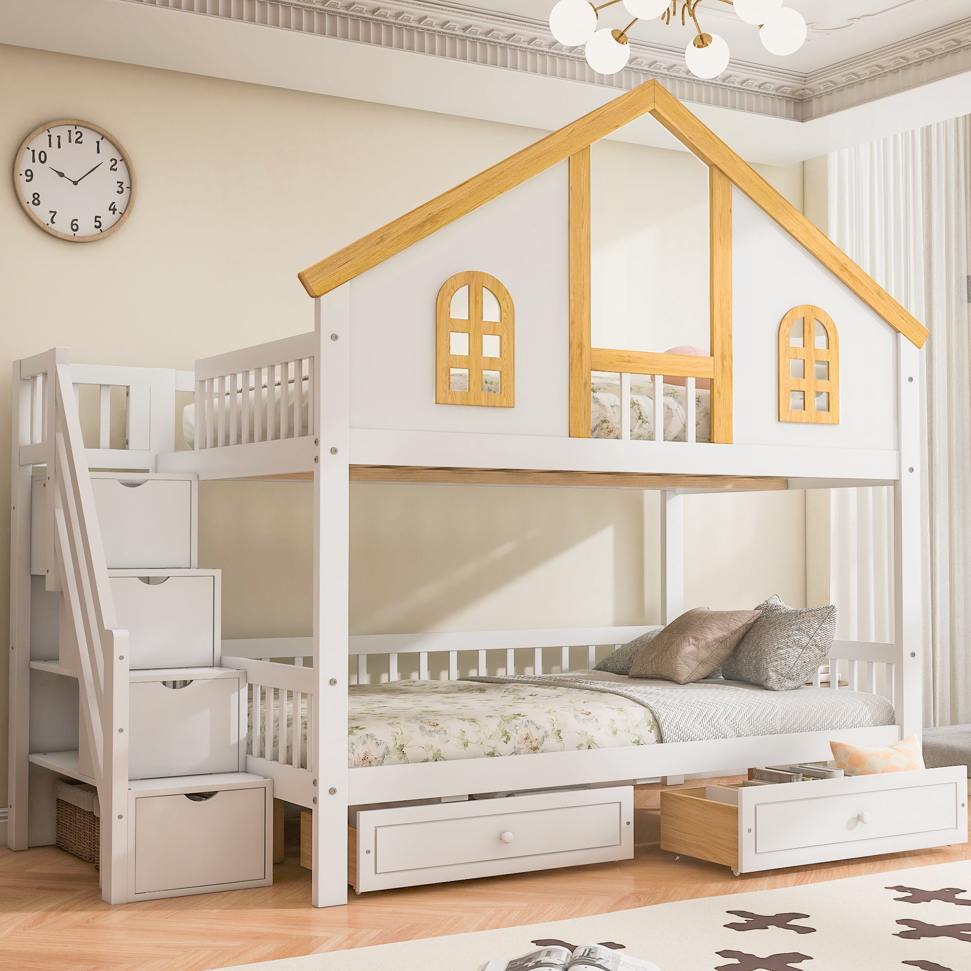 Euroco Wood Full over Full Bunk Bed with Drawers, House Bed with Storage Staircase, White