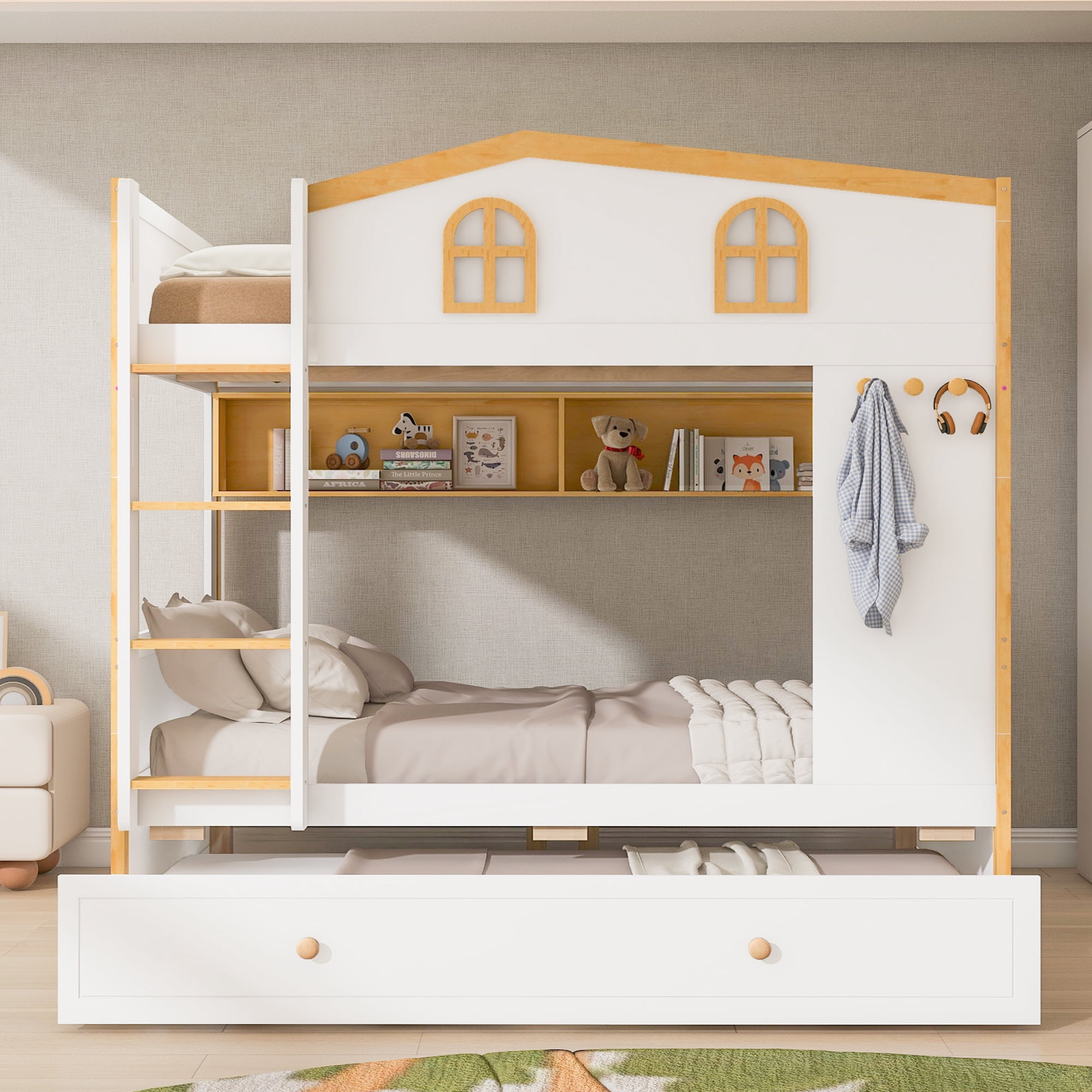 Euroco Wood Full over Full Bunk Bed with Shelves and Trundle, House Bed with Guardrails, White