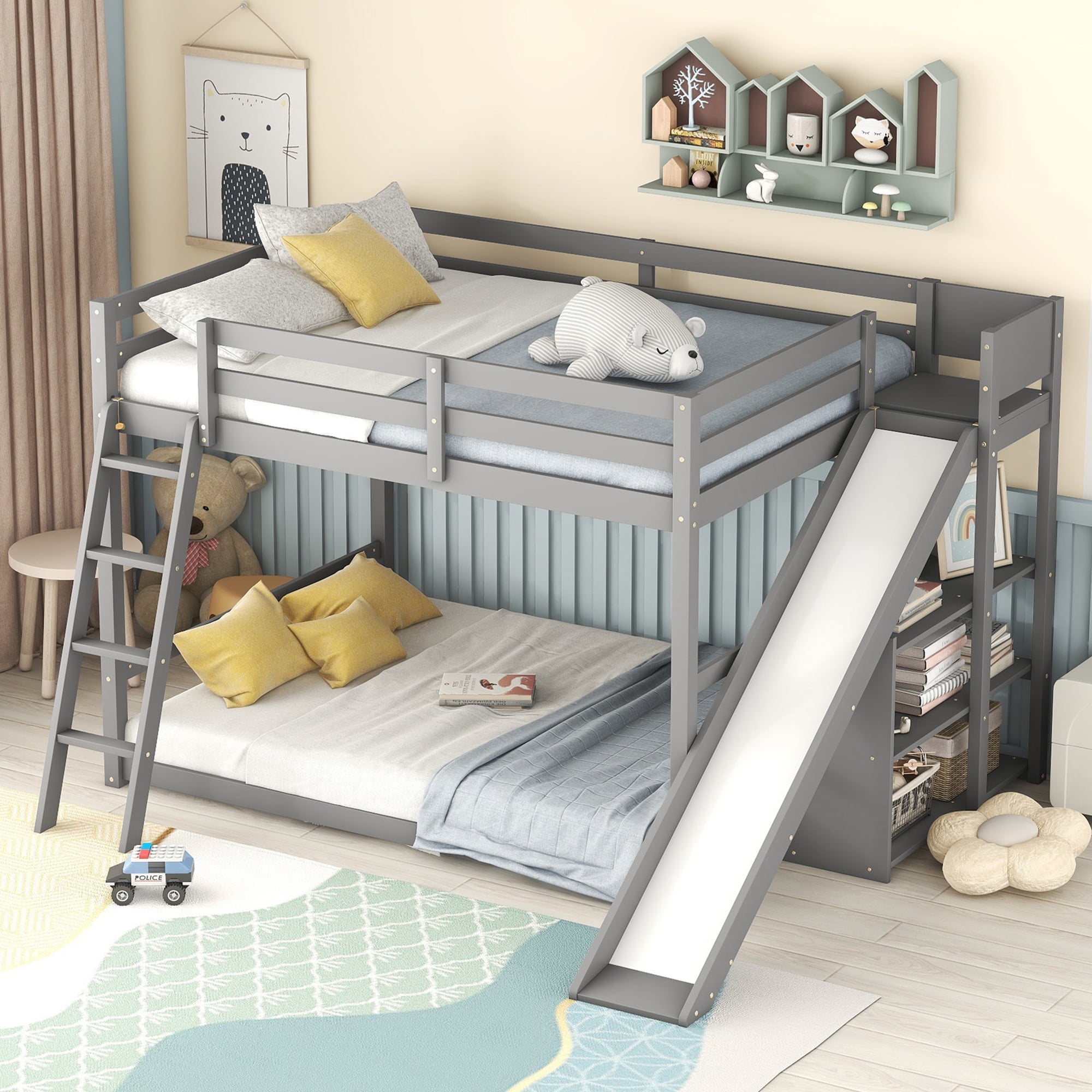 Euroco Wood Full over Full Bunk Bed with Slide and Ladder, 3-Tier Shelf for Kids Teens Bedroom, Gray