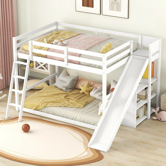 Euroco Wood Full over Full Bunk Bed with Slide and Ladder, 3-Tier Shelf for Kids Teens Bedroom, White