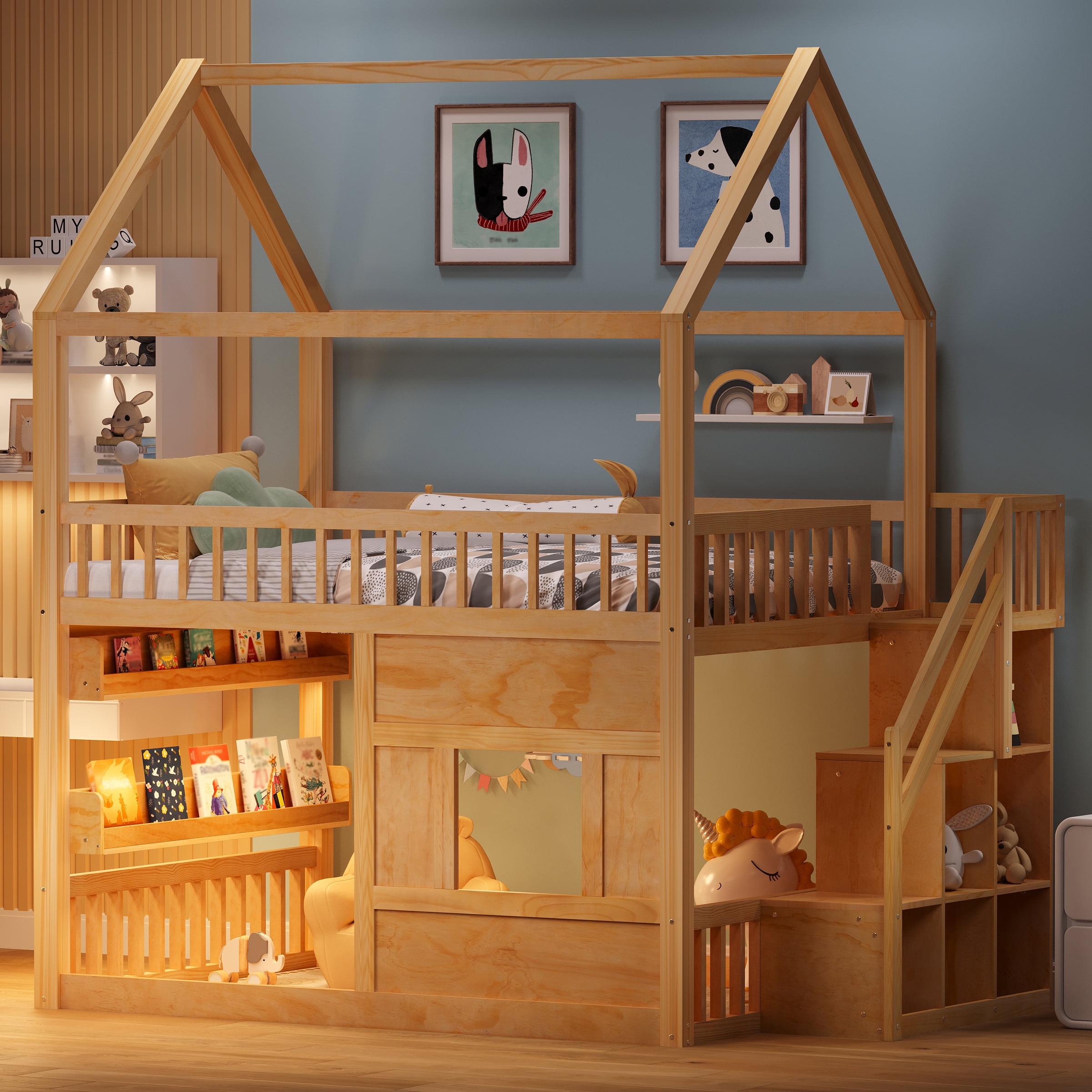 Euroco Wood Full over Full Bunk Bed with Staircase, House Bed with LED Light, Natural