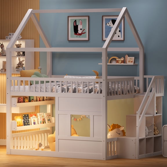 Euroco Wood Full over Full Bunk Bed with Staircase, House Bed with LED Light, White