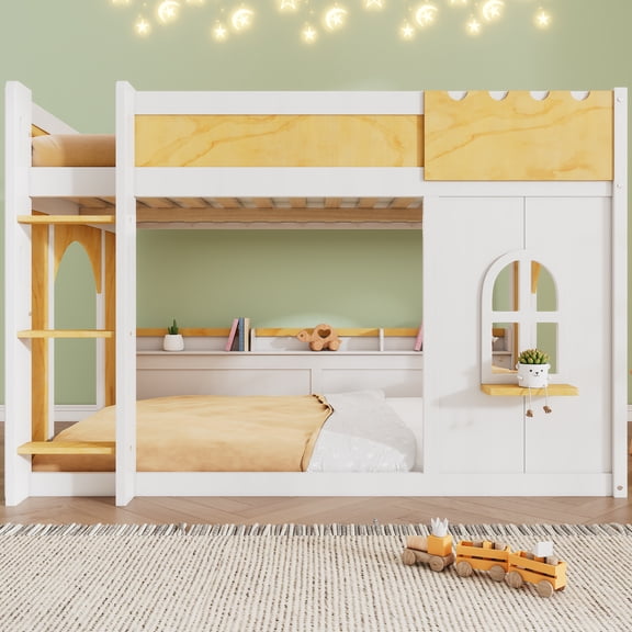 Euroco Wood Full over Full Bunk Bed with Storage Shelves, House Shaped Design Loft Bed, White & Natural
