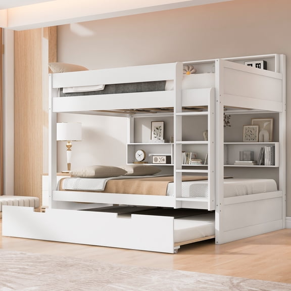 Euroco Wood Full over Full Bunk Bed with Storage Shelves and Trundle, White