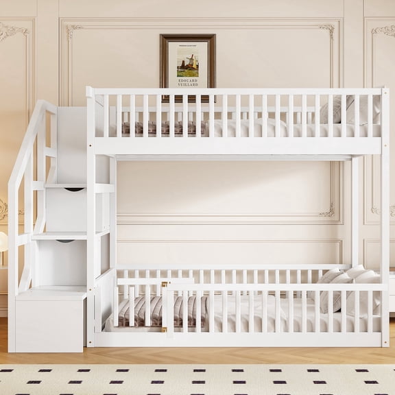 Euroco Wood Full over Full Bunk Bed with Storage Staircase, Floor Bed with Fence, White