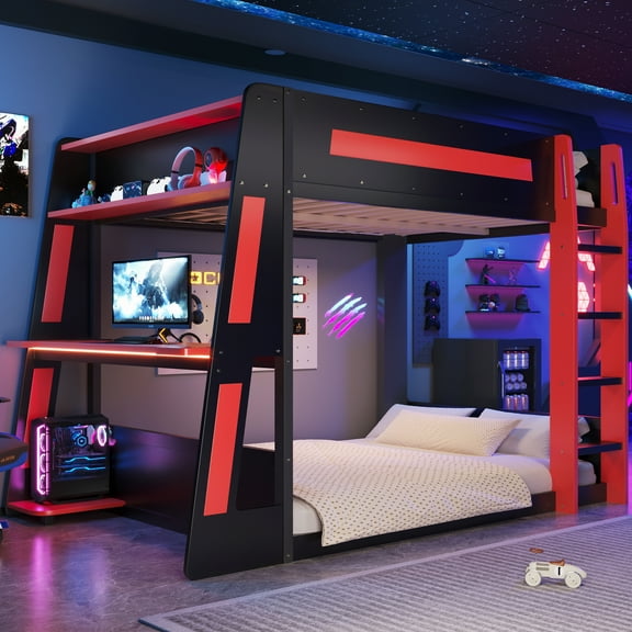 Euroco Wood Twin over Twin Size Bunk Bed with Shelves, Gaming Bed with Desk, USB Charging and LED Light, Black&Blue